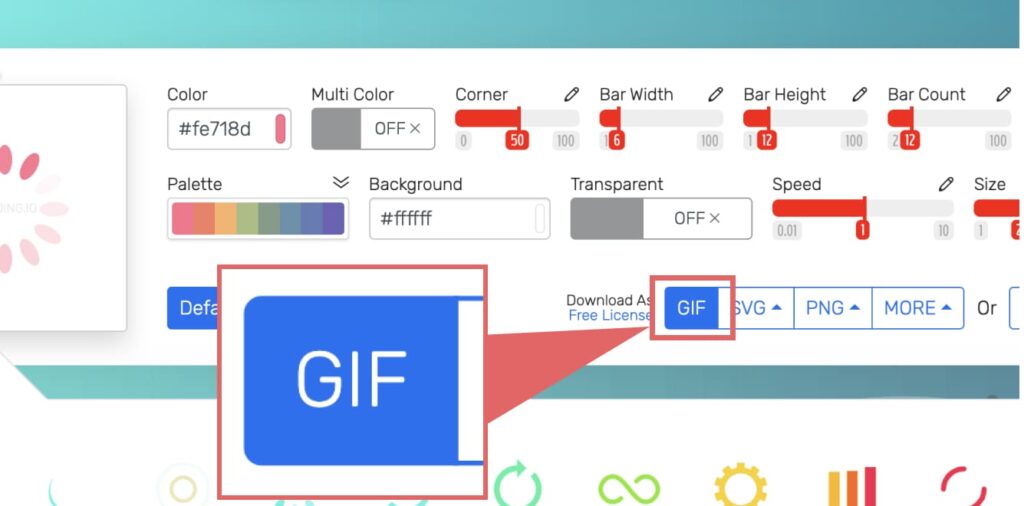 カラーや丸の大きさ、太さなどを好みに調整します。ダウンロードするときは、右下の「GIF」というところをクリックしてGIFをダウンロードします。