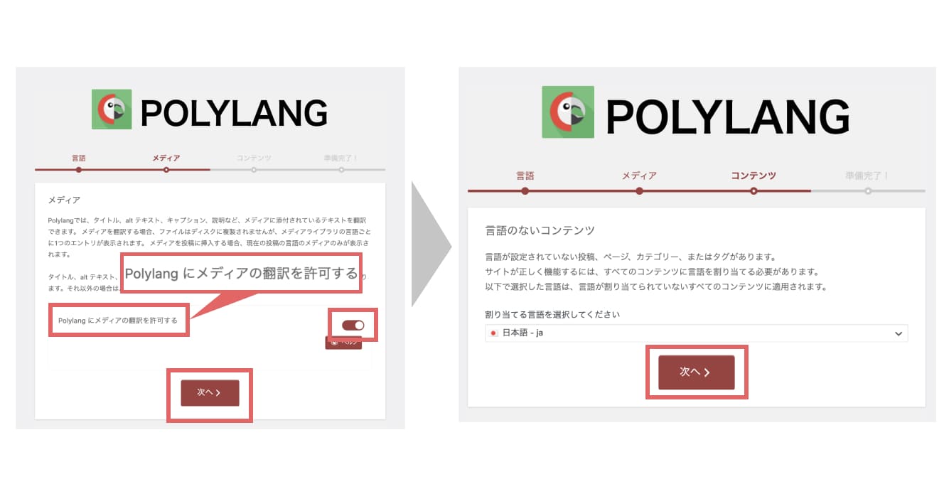 メディアについての表示が出たら、「Polylangにメディアの翻訳を許可する」をONにして、「次へ」をクリックします。その後の「言語のないコンテンツ」については「割り当てる言語」を日本語に設定し、「次へ」をクリックします。