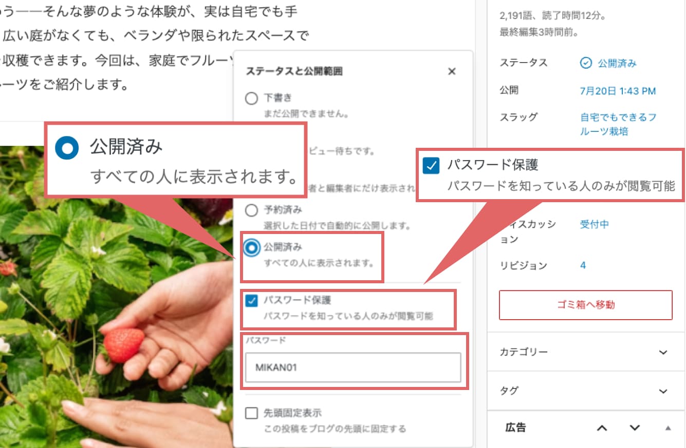 「ステータスと公開範囲」の設定で「公開済み」を選択し、その下の「パスワード保護」にチェックを入れます。 パスワード欄に任意のパスワードを入力し、投稿を公開もしくは保存すれば、投稿の閲覧にはパスワードが必要な状態になります。