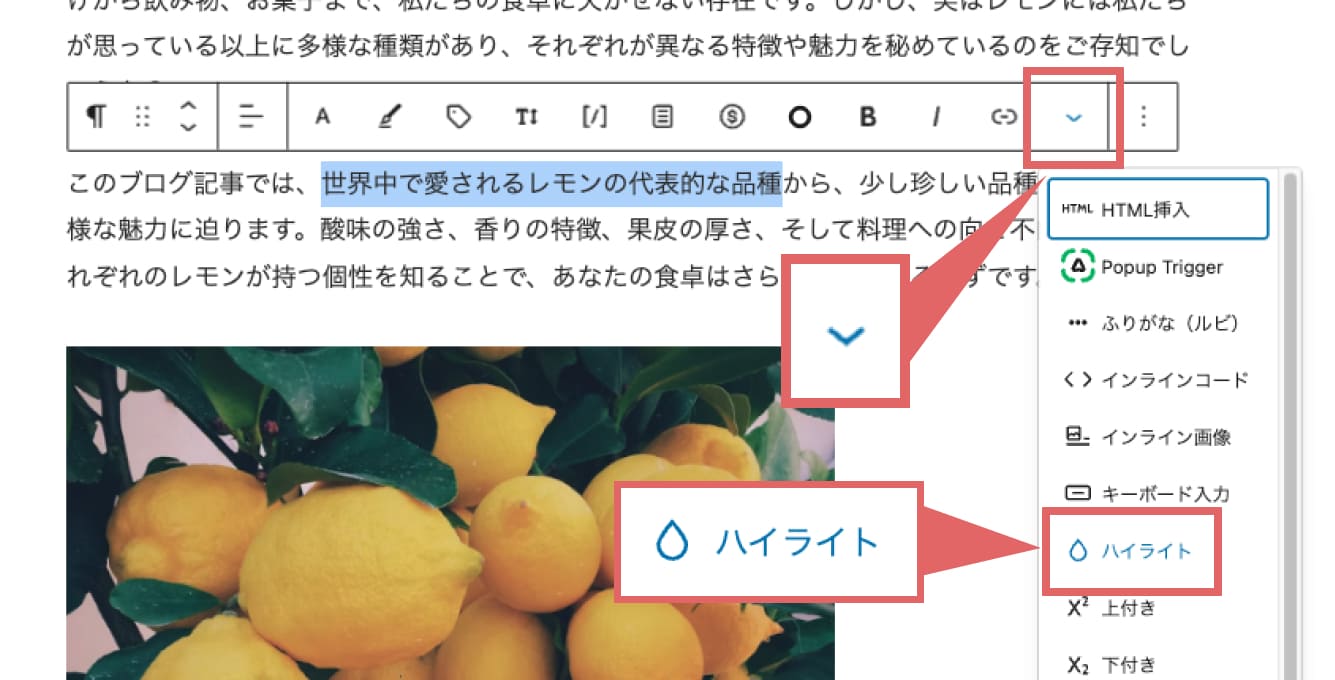 テキストを選択すると表示されるメニューの右端にある下三角マークをクリックし、「ハイライト」をクリックします。