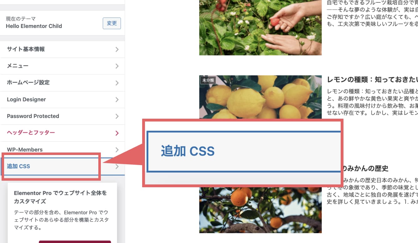 カスタマイズの画面に入ったら、「追加CSS」をクリックします。