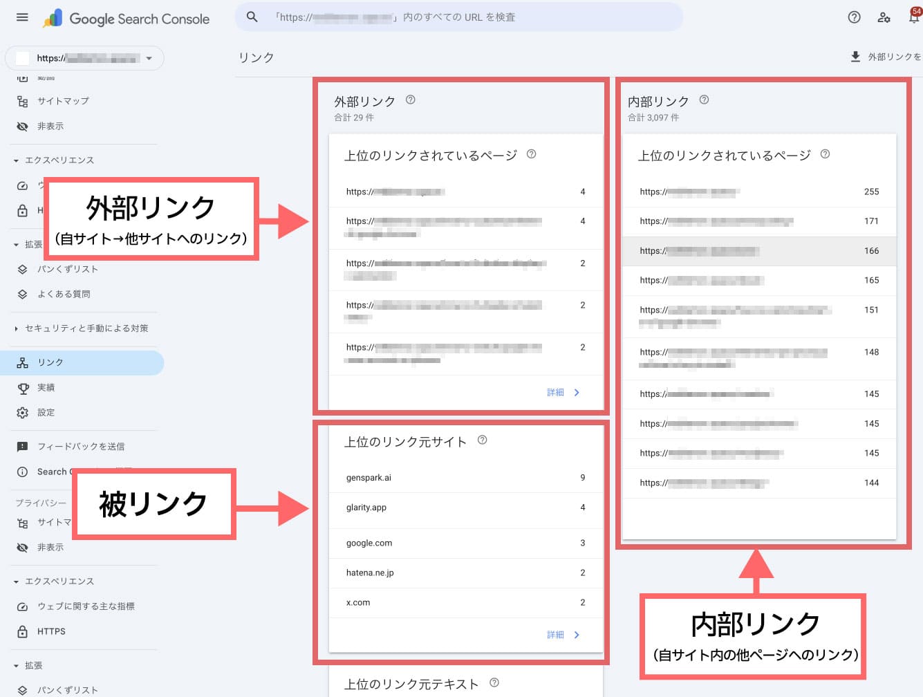 「リンク」のページに入ると、「被リンク」の他に「外部リンク（=自サイトから他サイトへのリンク）」、「内部リンク（=自サイト内の他ページへのリンク）」がそれぞれ確認できます。