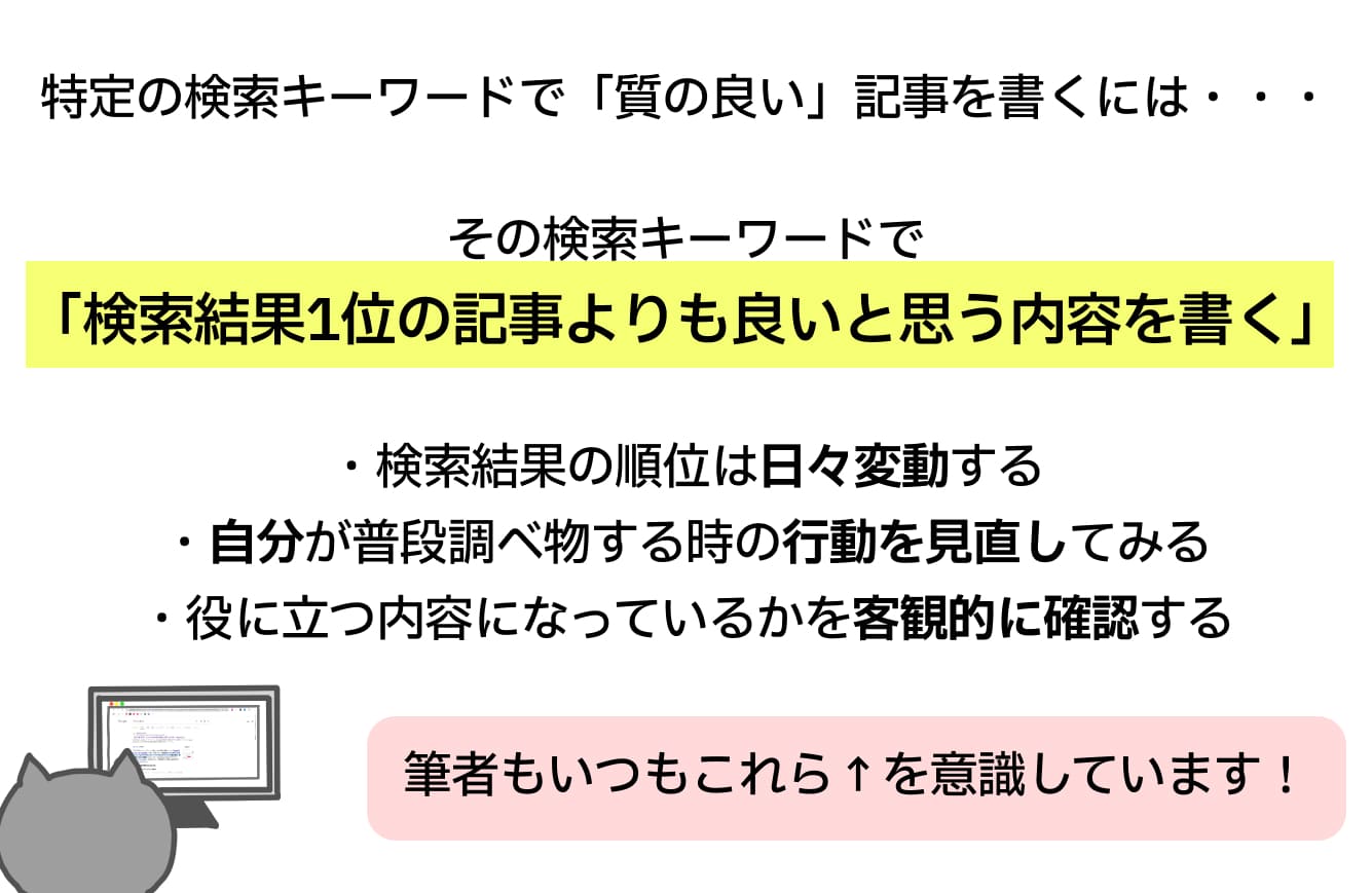 特定の検索キーワードで「質の良い」記事を書くには、その検索キーワードで「検索結果1位の記事よりも良い内容を書く」こと意識します。